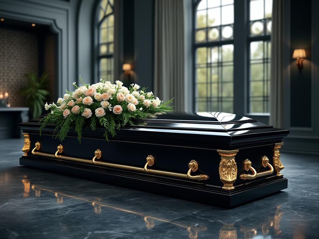 Ataúd negro con ornamentación dorada y arreglo floral de rosas blancas y melocotón en un entorno elegante.