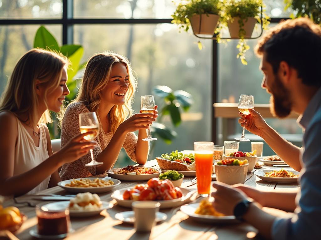 Grupo de amigos disfrutando de una comida juntos en un restaurante con luz natural y platos variados en la mesa. Grupo de amigos disfrutando de una comida juntos en un restaurante con luz natural y platos variados en la mesa.