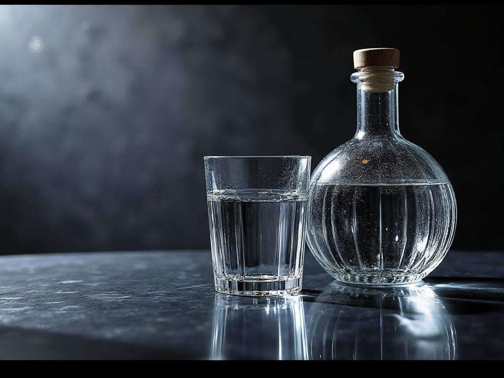 Botella de vidrio con agua y vaso en mesa de mármol con fondo oscuro.