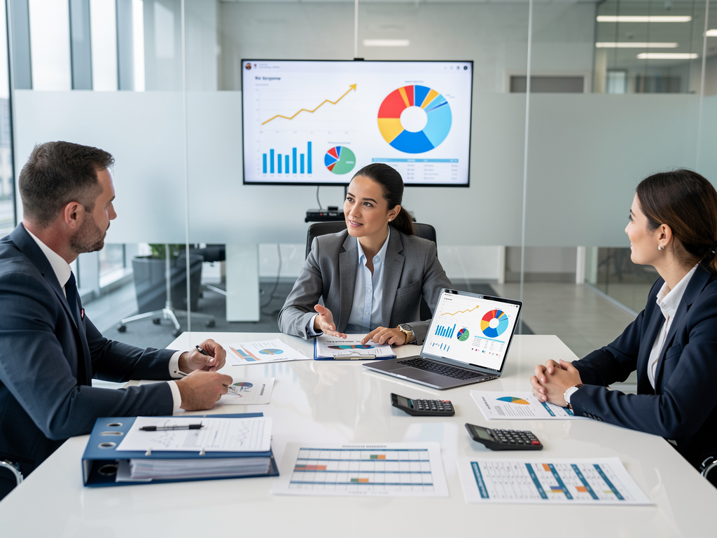 Reunión de negocios con análisis financiero, gráficos de crecimiento y presentación de datos en sala de conferencias