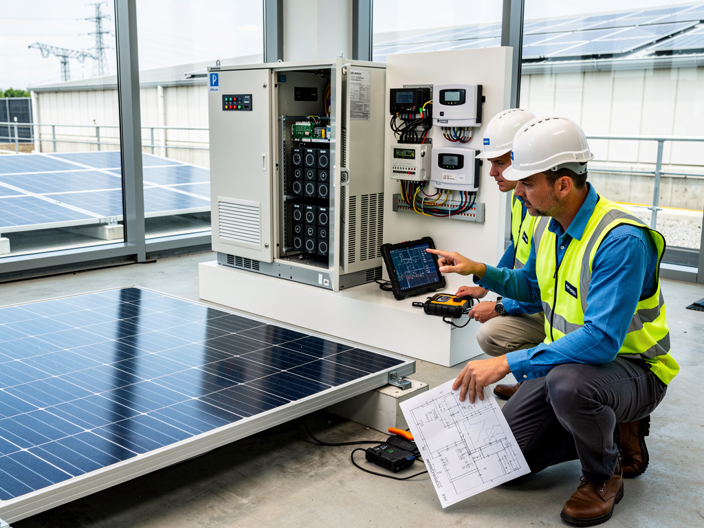 Solar energy technicians inspecting photovoltaic panels and electrical control cabinet with wiring and diagnostic equipment Solar energy technicians inspecting photovoltaic panels and electrical control cabinet with wiring and diagnostic equipment