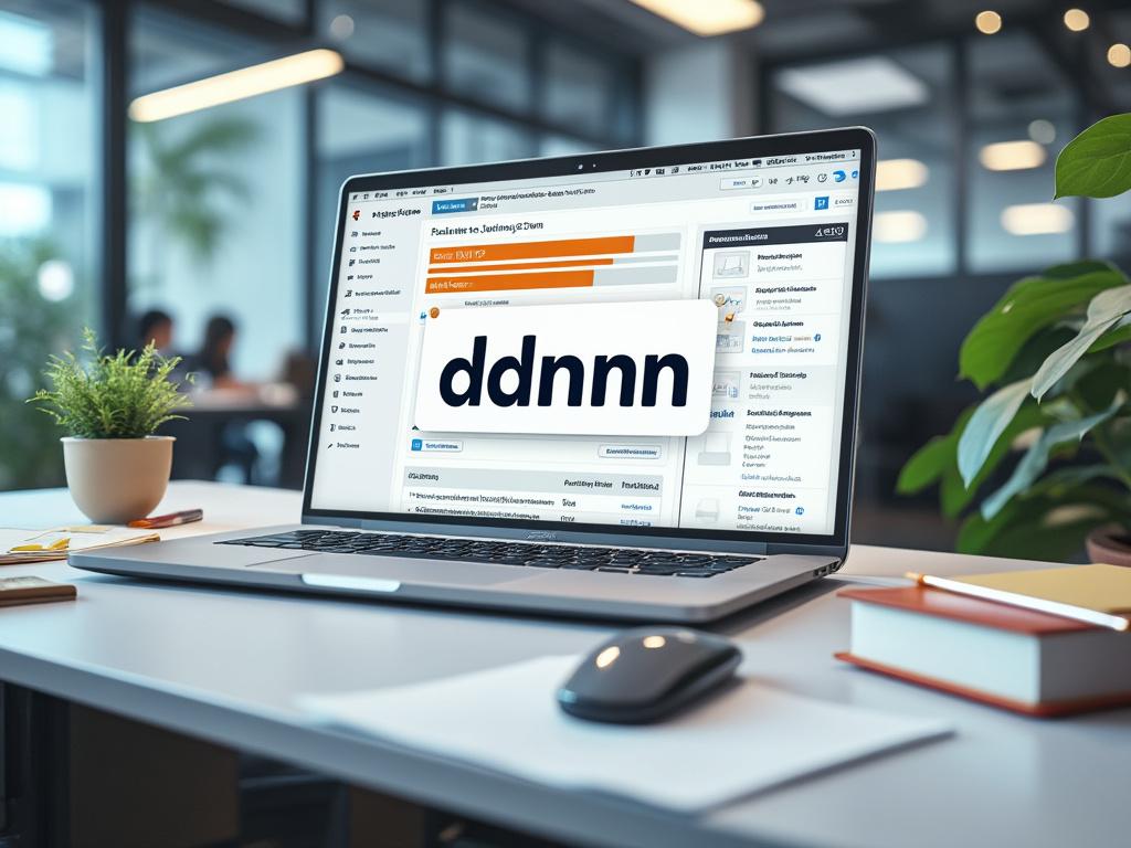 Oficina moderna con ordenador portátil mostrando pantalla de dashboard, planta y libros sobre el escritorio.