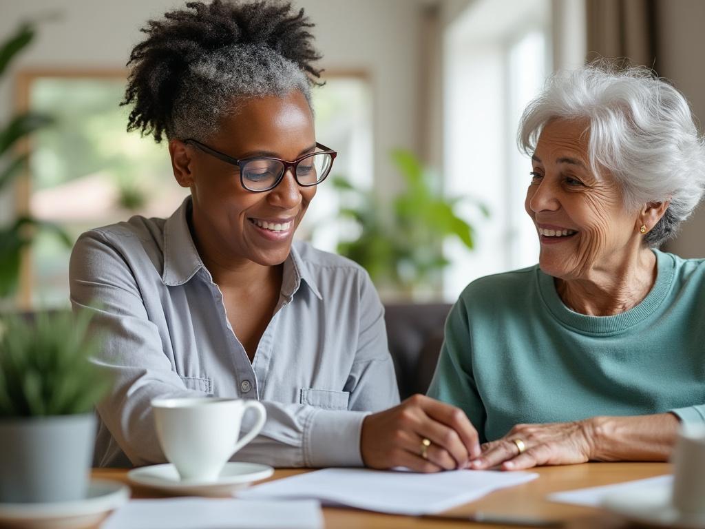 Smiling woman assisting senior woman with paperwork in a cozy room, with coffee cups on the table. Smiling woman assisting senior woman with paperwork in a cozy room, with coffee cups on the table.