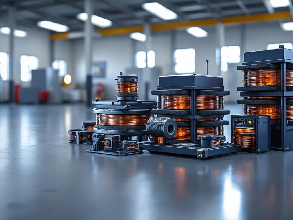 Industrial warehouse with various electrical coils and transformers on the floor, featuring shiny copper windings and modern equipment in a spacious, well-lit environment.