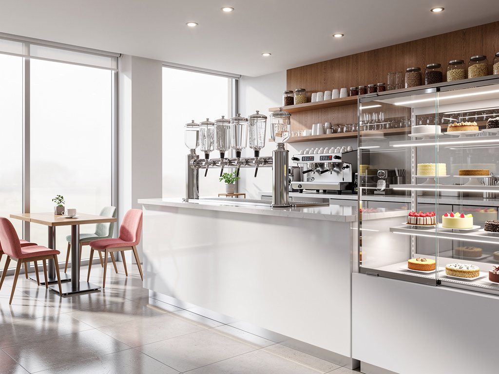 Cafetería moderna con barra blanca, máquina de café, dispensadores, vitrina de pasteles y mesas junto a ventanales