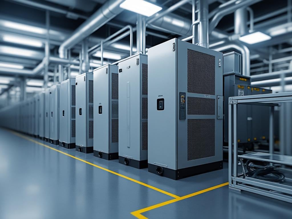 Sala de servidores moderna con unidades de almacenamiento y sistemas de ventilación.