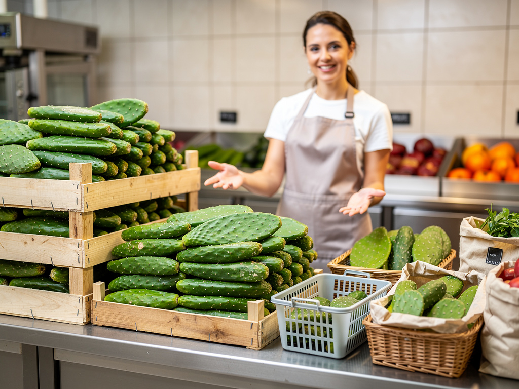 Vendedora en mercado con cajas de nopales frescos y verduras en exhibición