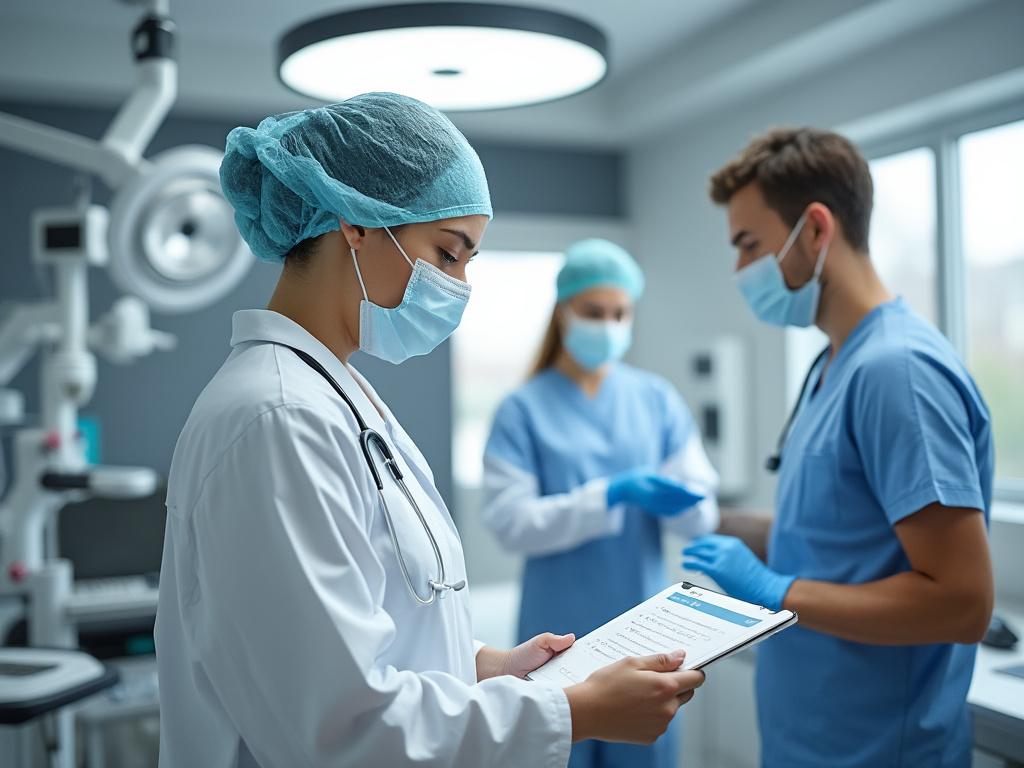 Healthcare professionals wearing scrubs and masks discussing patient records in a hospital room.