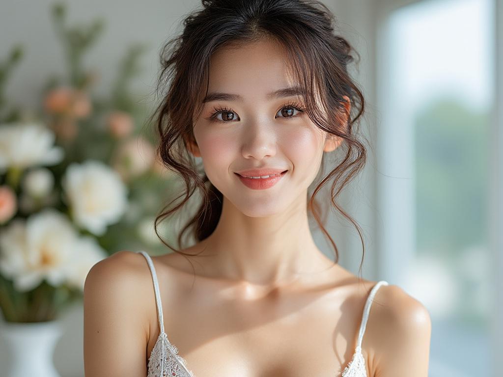 Mujer joven sonriendo frente a fondo floral desenfocado, con luz natural.