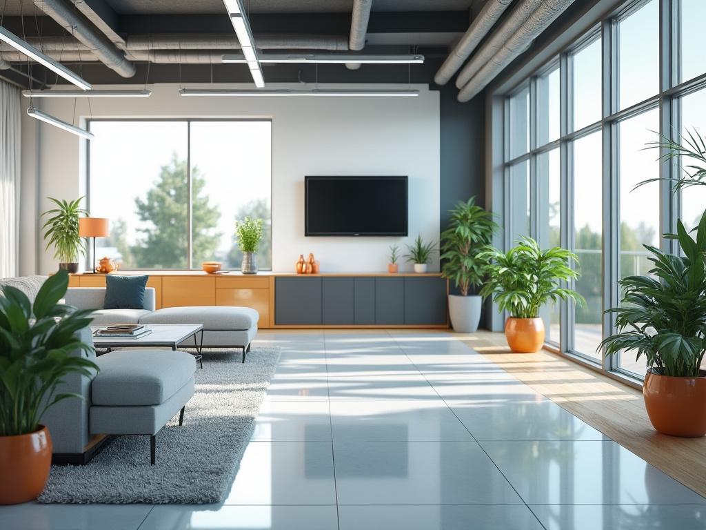 Sala de estar moderna con grandes ventanales, sofás grises, plantas en macetas naranjas y alfombra gris.