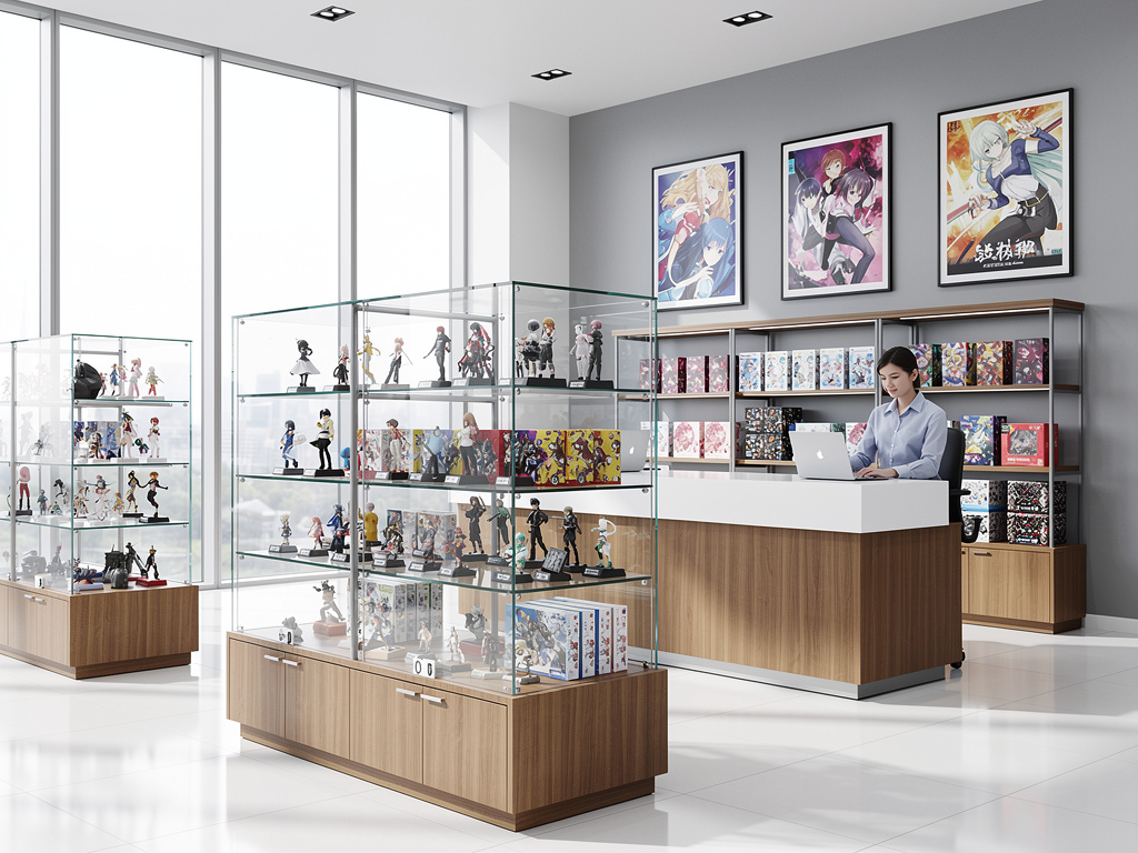 Tienda de figuras de anime y manga con vitrinas de cristal, pósters y estanterías de coleccionables