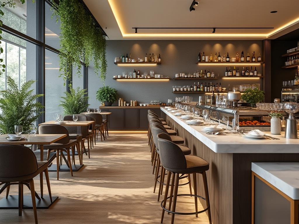 Interior de restaurante moderno con barra de mármol blanco, sillas altas y mesas, iluminación cálida, plantas interiores y botellas en estantes de pared.