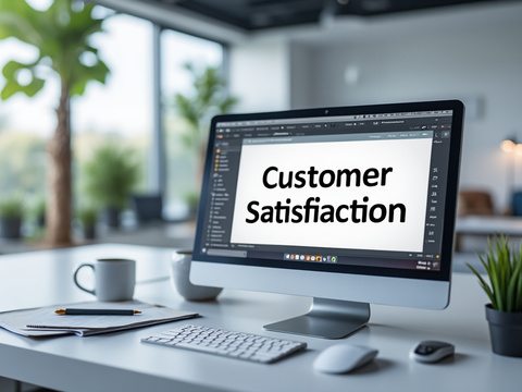 Pantalla de computadora en oficina moderna mostrando el texto 'Customer Satisfaction', con plantas y tazas de café en el escritorio.