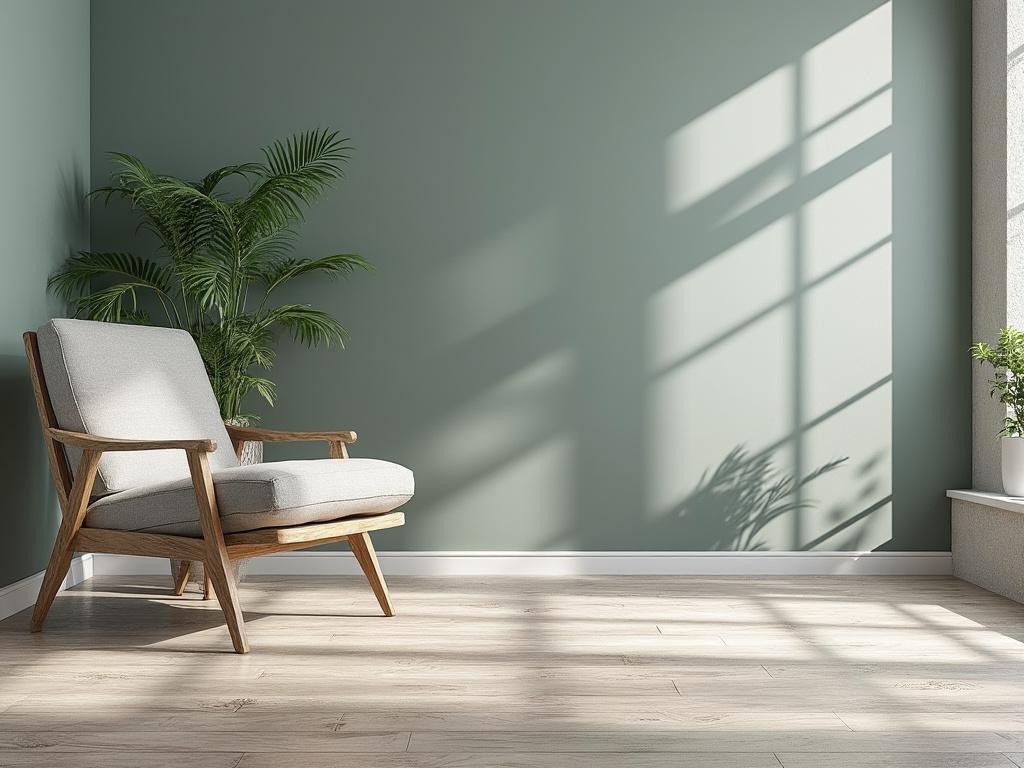 Minimalist living room with wooden armchair, green plant, and sunlight streaming through window on hardwood floor.
