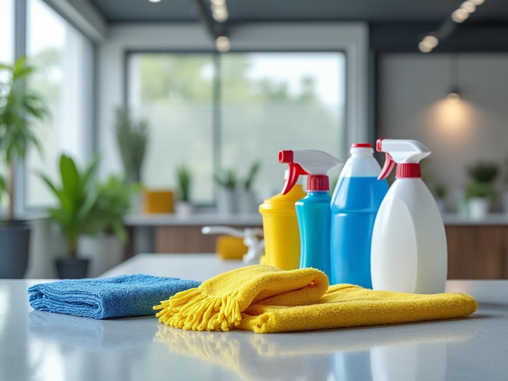 Productos de limpieza y toallas en una cocina moderna con luz natural.