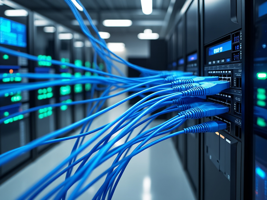 Centro de datos con cables ethernet conectados a servidores.