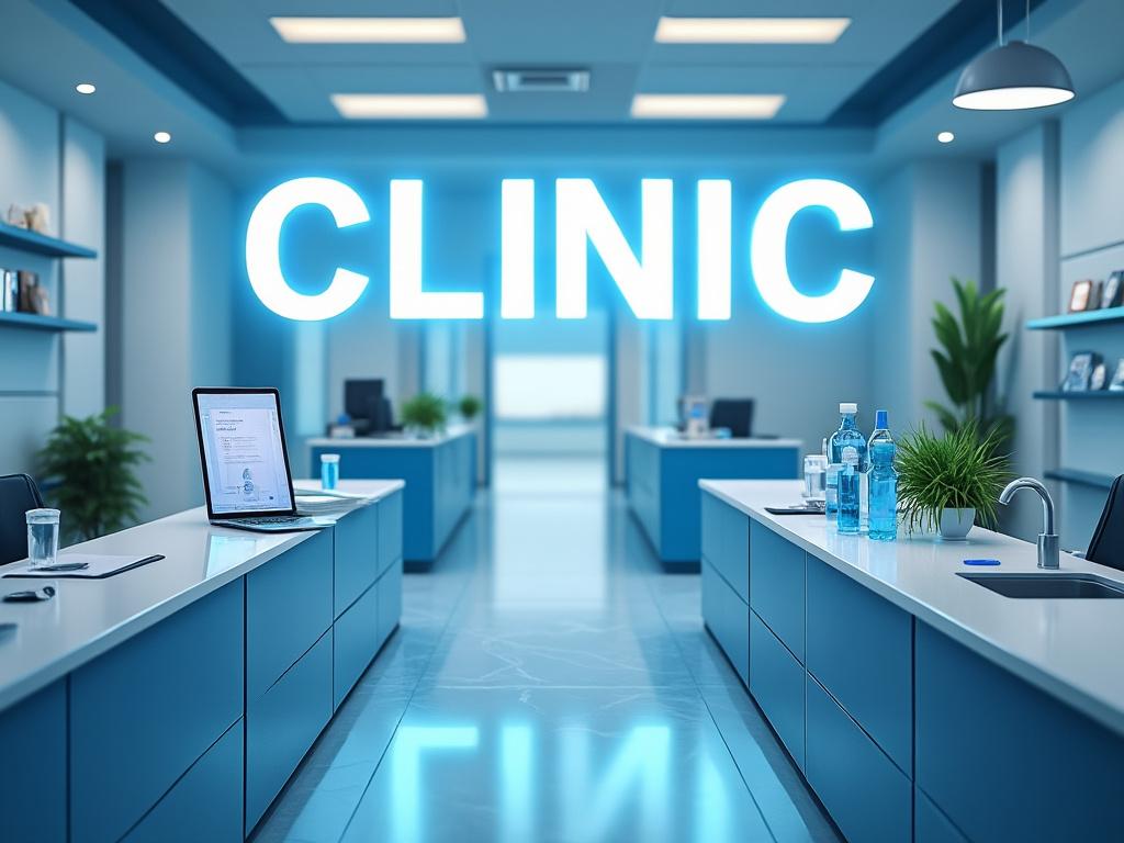 Recepción moderna de clínica con escritorios azules, ordenadores y botellas de agua, decoración minimalista.
