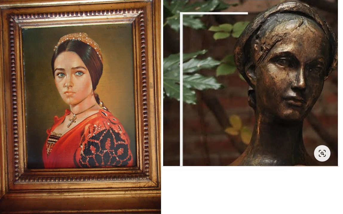 Cecilia considerando todos los 
detalles del personaje Julieta se 
inspiró en la escultura que se 
encuentra en Verona Italia en la 
casa que fuera de la familia 
Capuleto tan es así que hasta el 
detalle de la barba partida lo 
plasmó en su pintura. 

Cecilia Beaux está considerada 
como una de las mejores 
retratistas del siglo XX, en 
Estados Unidos de Norteamerica, 
piezas de ellos se encuentran en 
los mejores museos de la Unión 
Americana.

Imagen comparativa
entre la pintura de Cecilia Beaux 
y la escultura que se encuentra en 
Verona Italia, ambos personajes 
de Julieta de la obra de 
Shakespeare.
