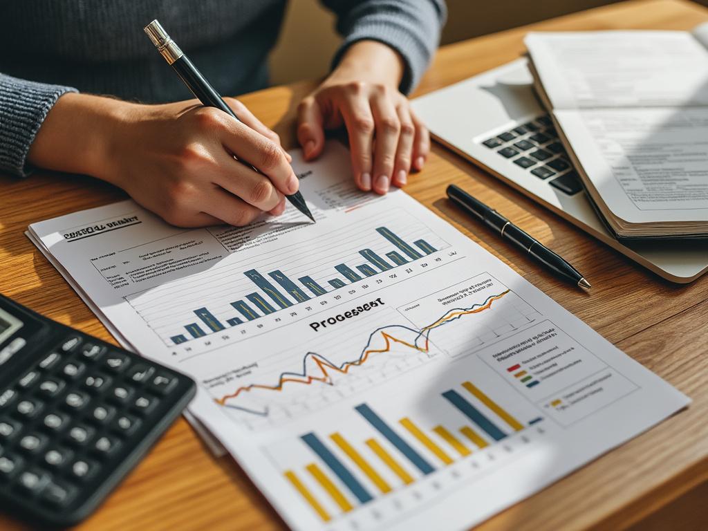 Persona analizando gráficos y estadísticas en documentos sobre un escritorio con calculadora y ordenador portátil.
