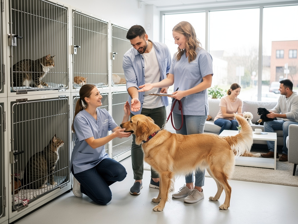 Veterinarios atienden a un golden retriever en clínica veterinaria con gatos en jaulas y dueños esperando