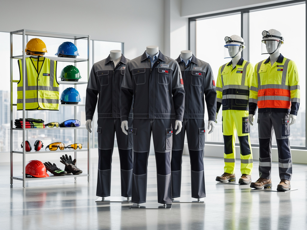 Ropa de trabajo industrial y equipos de protección personal con cascos, chalecos reflectantes, gafas, guantes y uniformes de seguridad en showroom