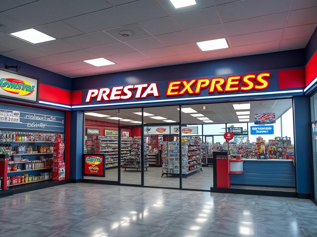 Entrada de una tienda 'Presta Express' con letrero luminoso y estantes llenos de productos diversos.
