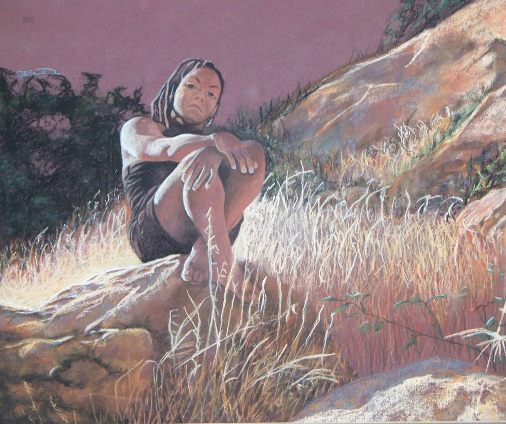 This started out as a commissioned peice, when completed was unable to locate the gentleman,so I titled it.               Girl With Atitude.       pastell on maroon canson         approx  11"X14"