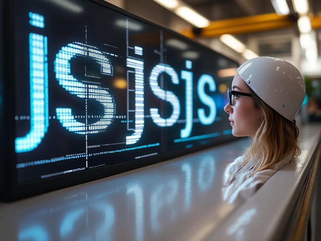 Woman in a hard hat observing digital screens displaying 'js' code symbols in a modern workspace.