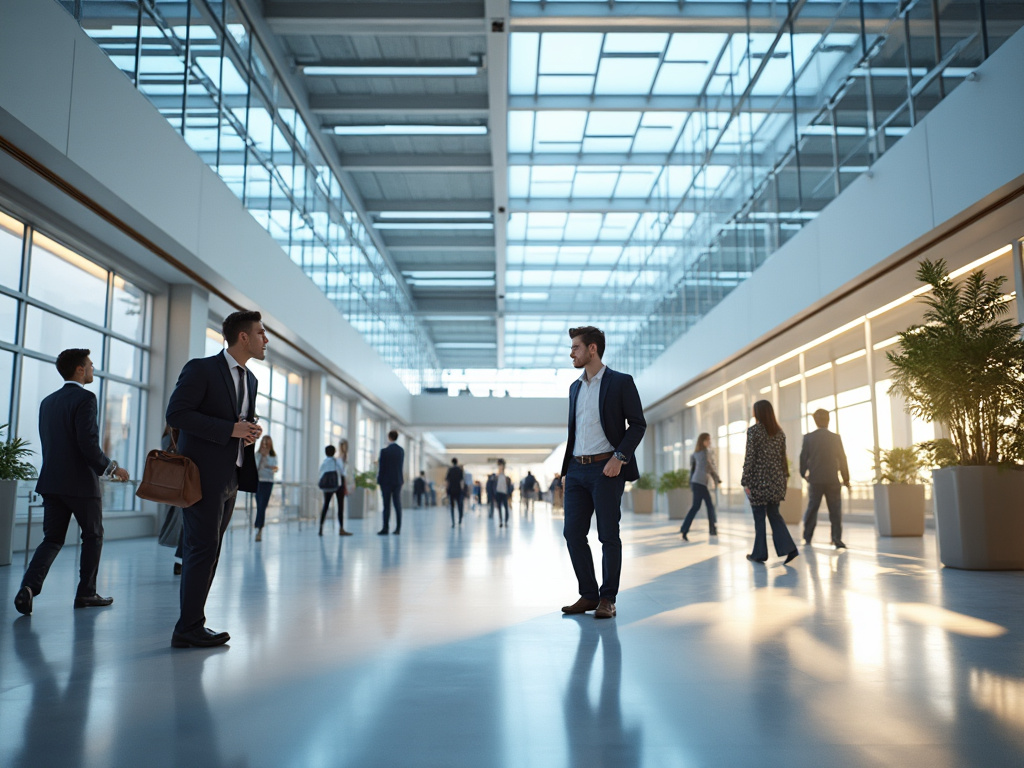 Personas caminando en un moderno pasillo de oficina iluminado por luz natural, con plantas decorativas y ventanales grandes.