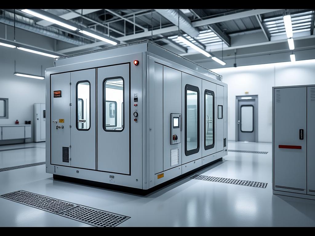 Interior de laboratorio moderno con cabina de aislamiento blanca y equipos tecnológicos.