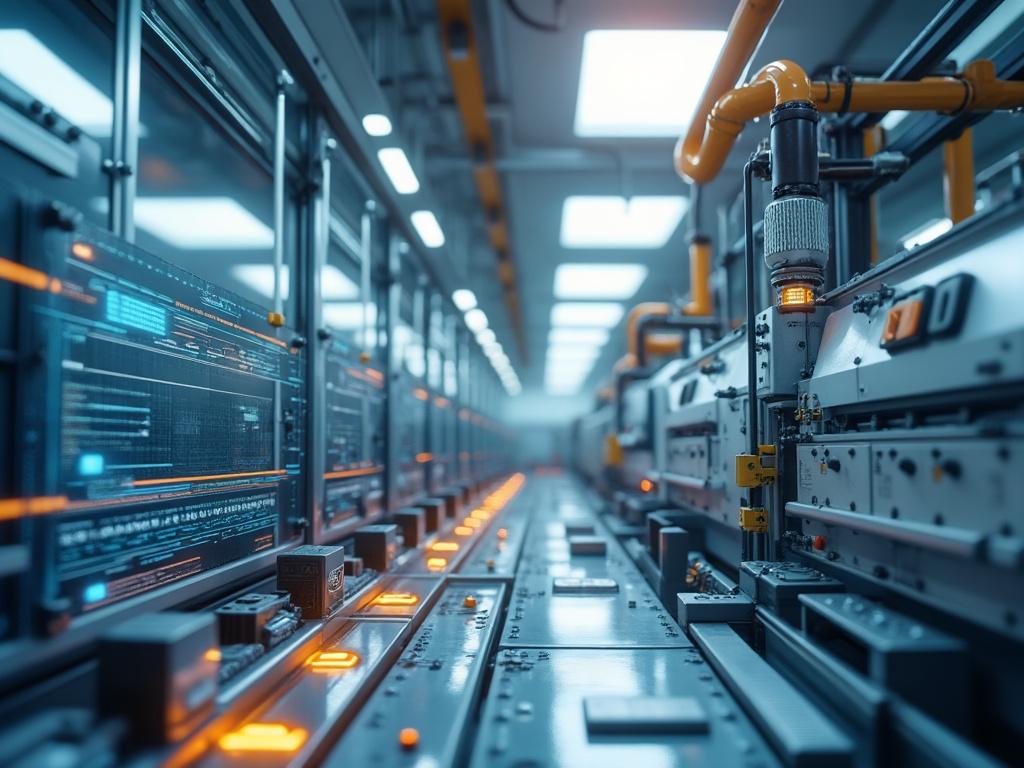 Interior de una instalación industrial moderna con maquinaria avanzada y pantallas digitales iluminadas.
