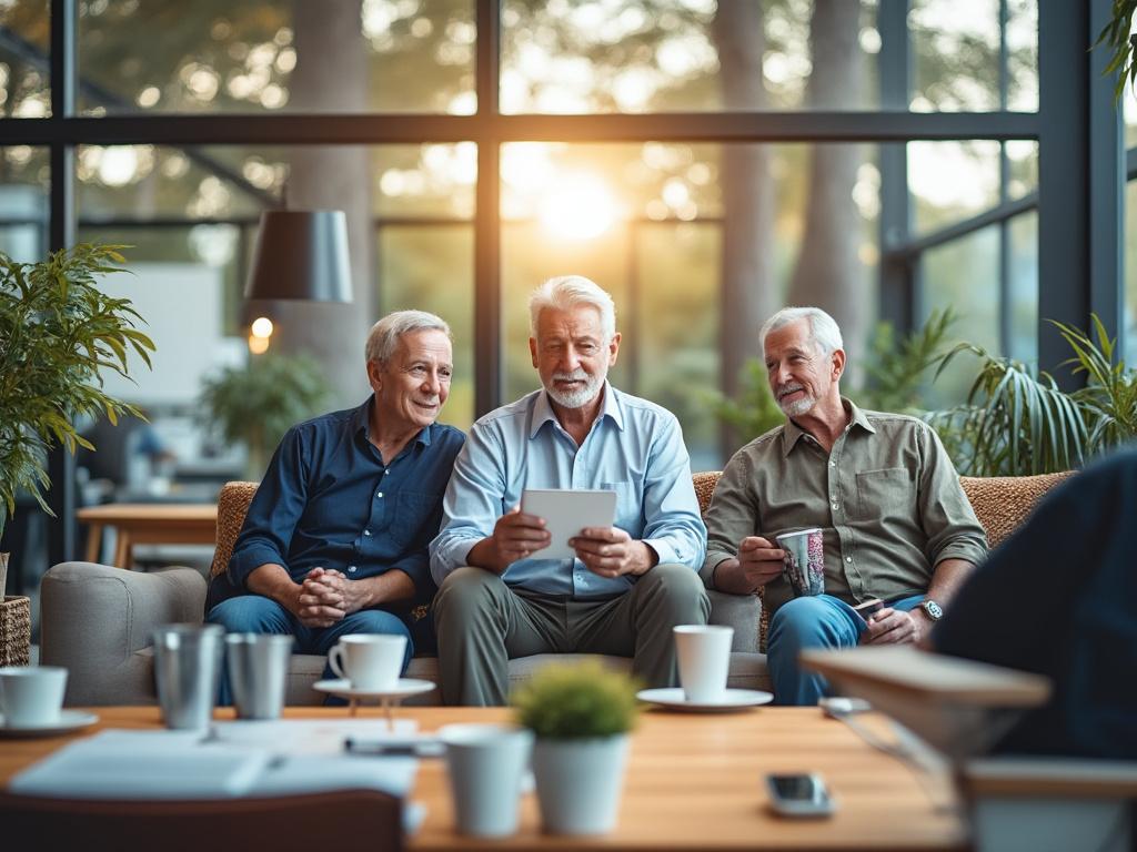 Tres hombres mayores sentados en un sofá moderno usando una tablet en un café iluminado por el sol.