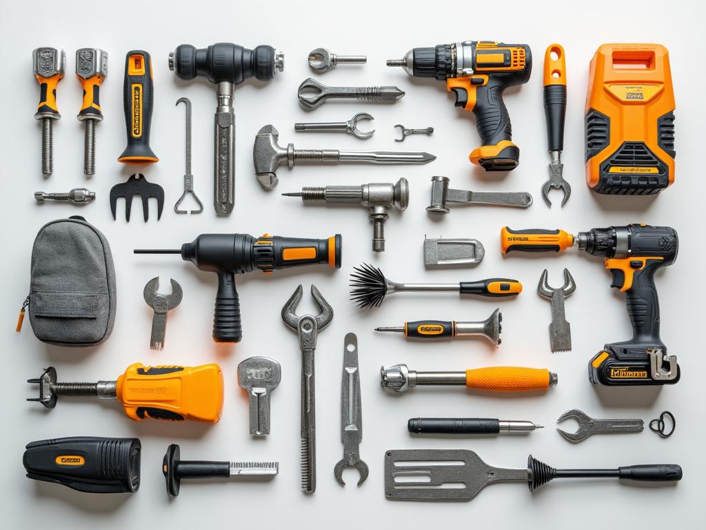 Conjunto de herramientas manuales y eléctricas en varios tamaños y formas, incluyendo taladros, destornilladores, llaves y estuche organizador sobre fondo blanco.
