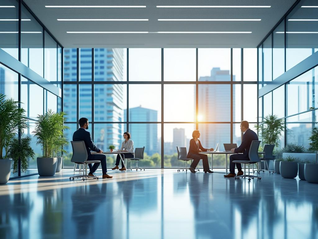 Oficina moderna con grandes ventanales, personas trabajando en mesas separadas, rodeadas de plantas y luz natural al atardecer.