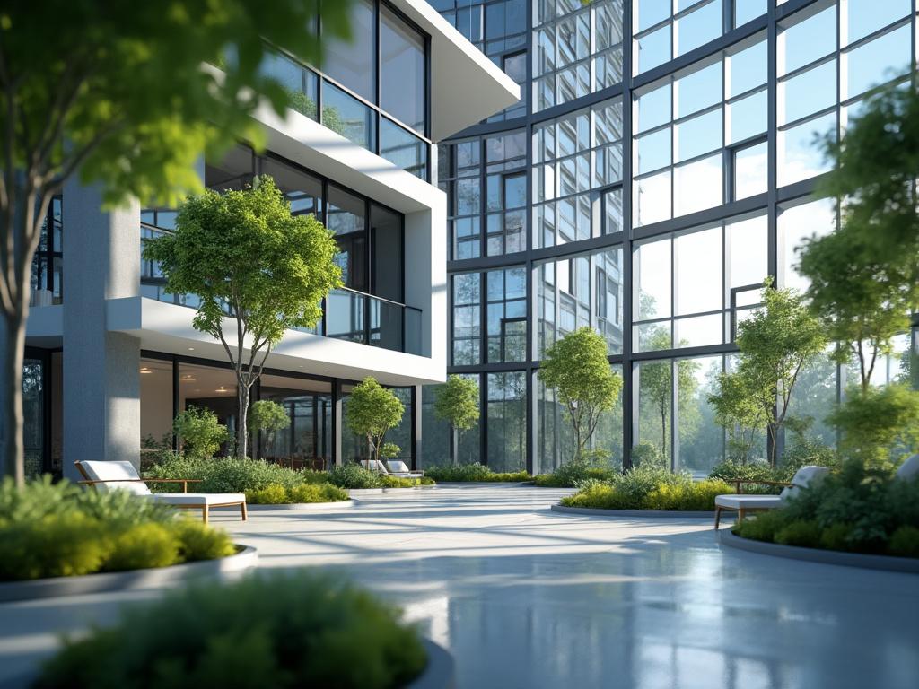 Patio interior moderno con grandes ventanales, árboles y vegetación.