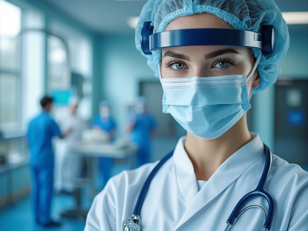 Confident female surgeon in surgical attire with a stethoscope in a hospital operating room. Confident female surgeon in surgical attire with a stethoscope in a hospital operating room.