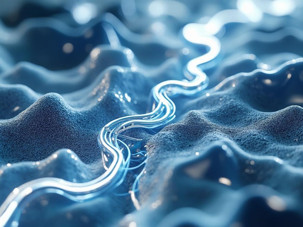 Primer plano de superficie azul con ondulaciones abstractas y líneas luminosas.