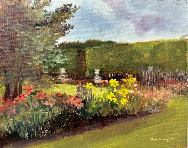 Schaefer, Tuileries Dahlias, 9x12 Oil 