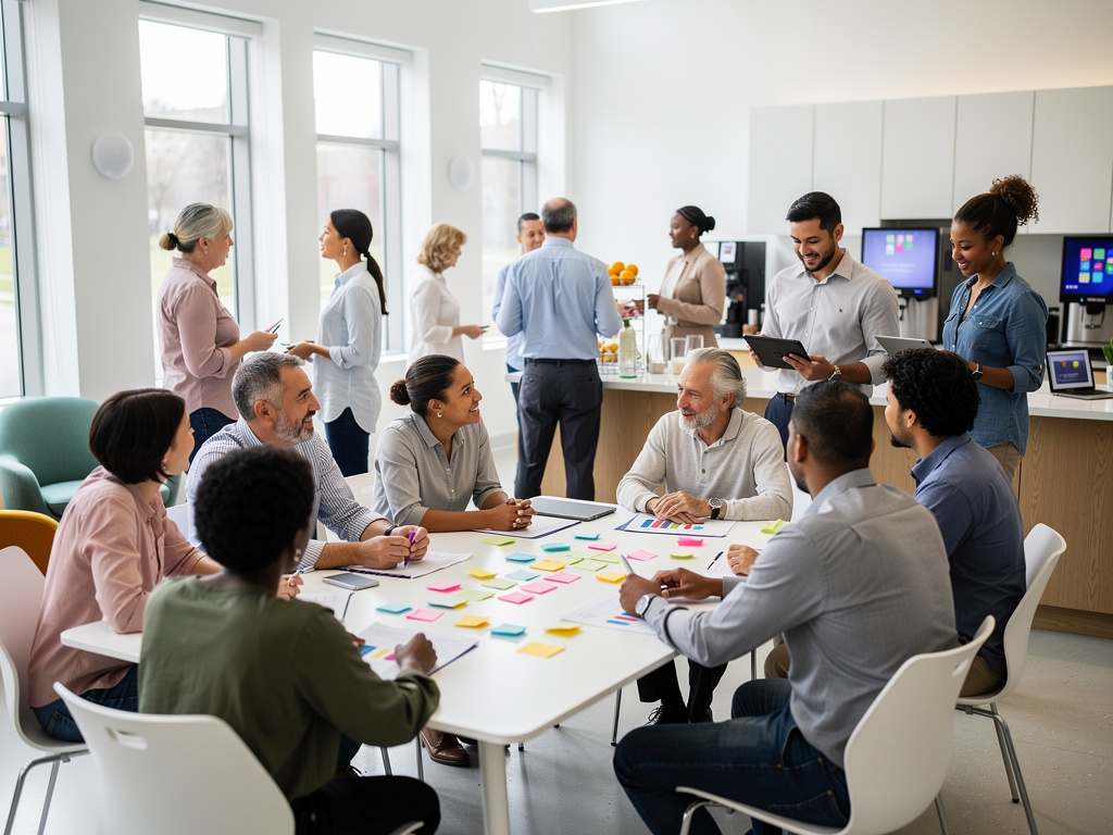 Equipo diverso en reunión de trabajo colaborativa con notas adhesivas en oficina moderna