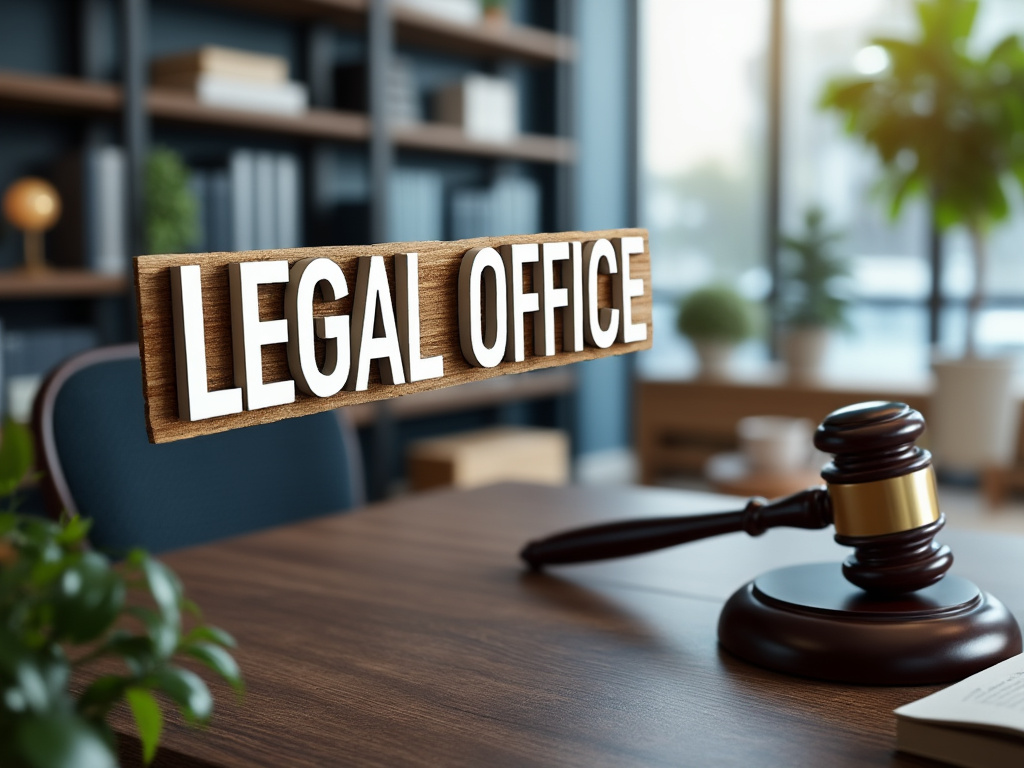 Oficina legal con letrero de madera y mazo sobre escritorio, decoración moderna.