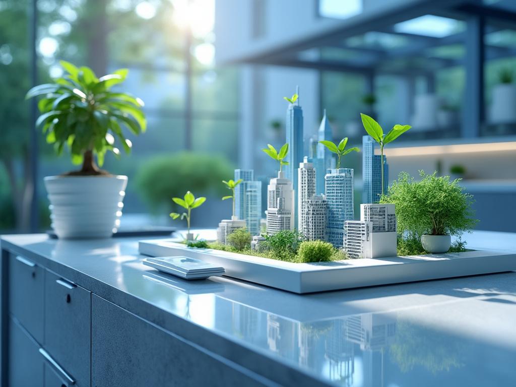 Maqueta de ciudad en miniatura con rascacielos y plantas verdes en una mesa, iluminación natural y maceta al fondo.