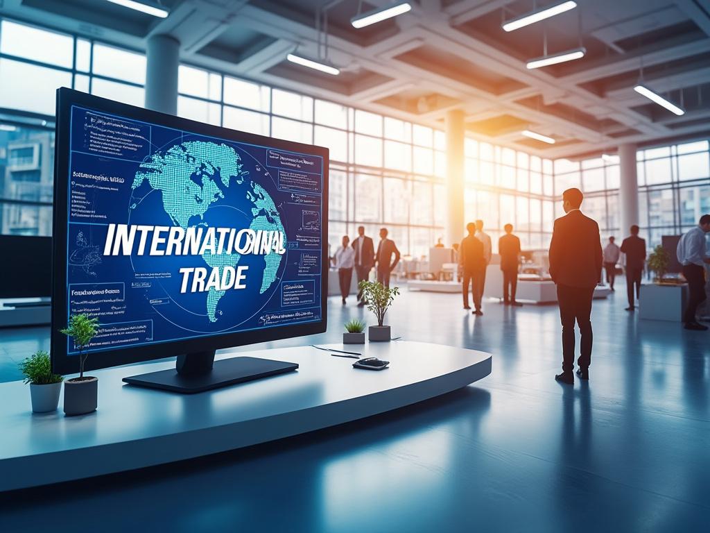 Business professionals networking in a modern office with a screen displaying 'International Trade Business professionals networking in a modern office with a screen displaying 'International Trade
