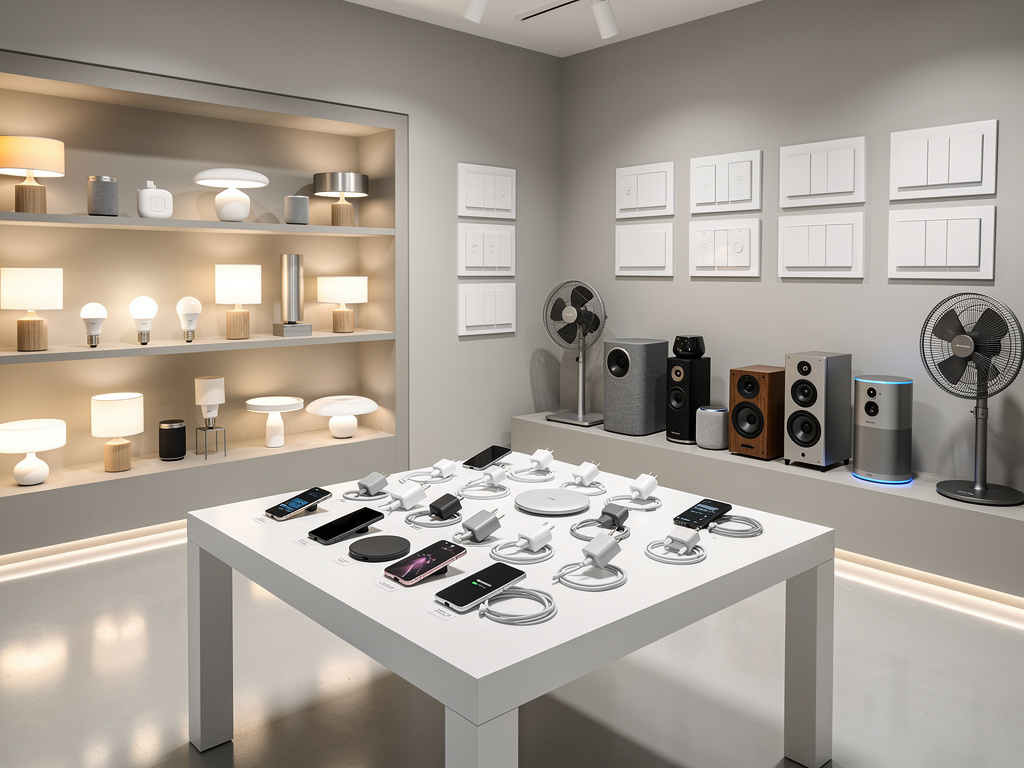 Tienda de electrónica moderna con teléfonos inteligentes, lámparas, altavoces, ventiladores e interruptores inteligentes en exhibición