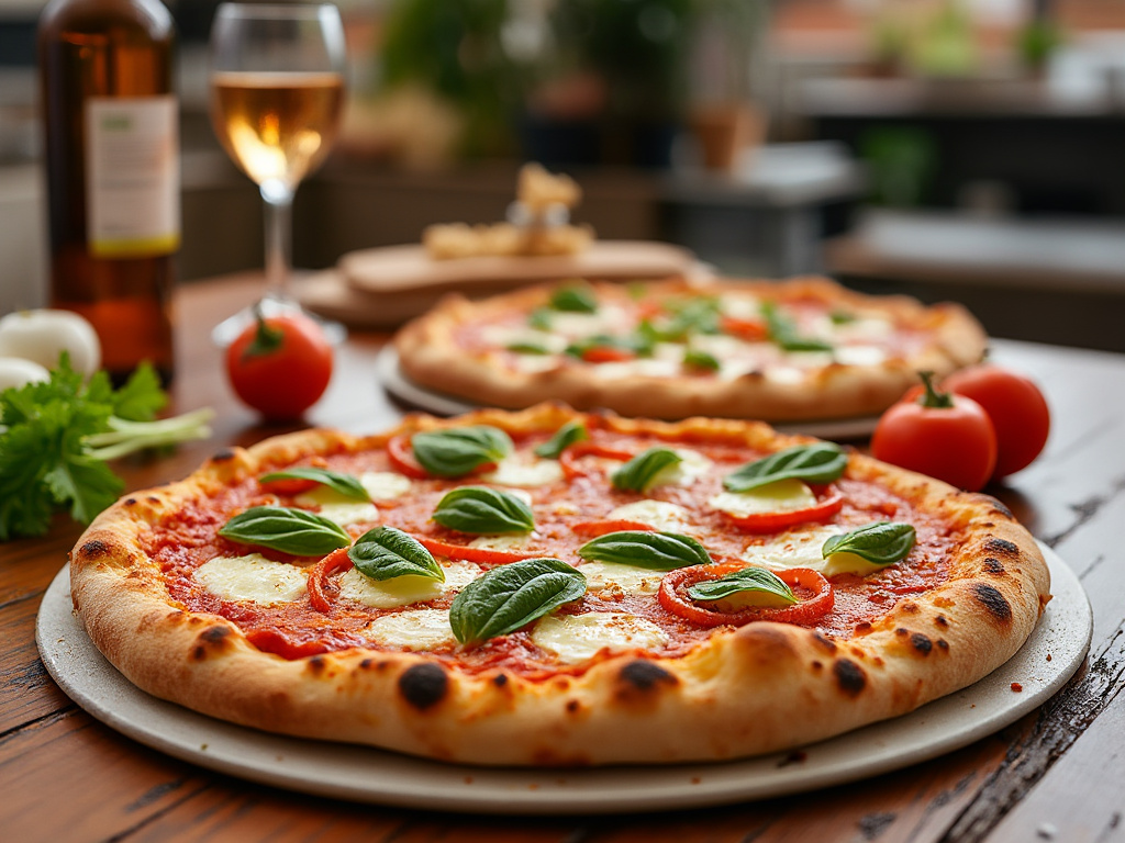 Duas pizzas margherita com folhas de manjericão, um copo de vinho e tomates frescos sobre a mesa.