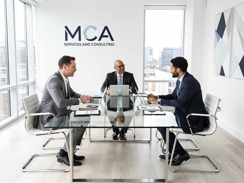 Reunión de consultoría empresarial en oficina moderna con ejecutivos, portátiles y logotipo MCA Services and Consulting