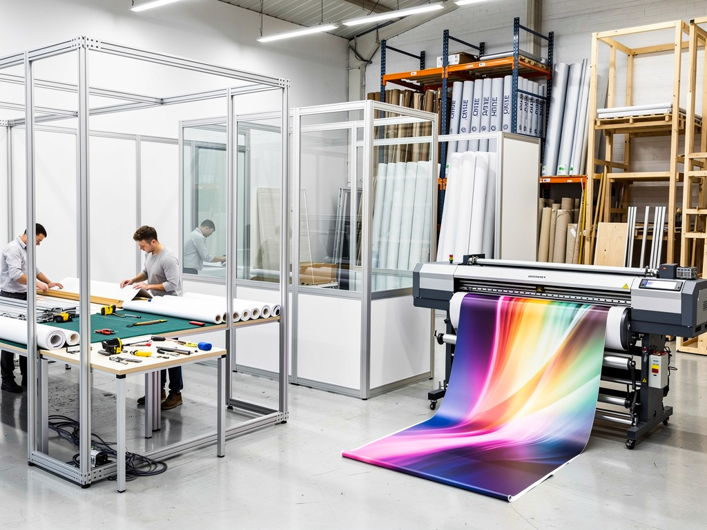 Taller de impresión digital con plotter de gran formato, vinilo colorido y técnicos montando estructuras de aluminio