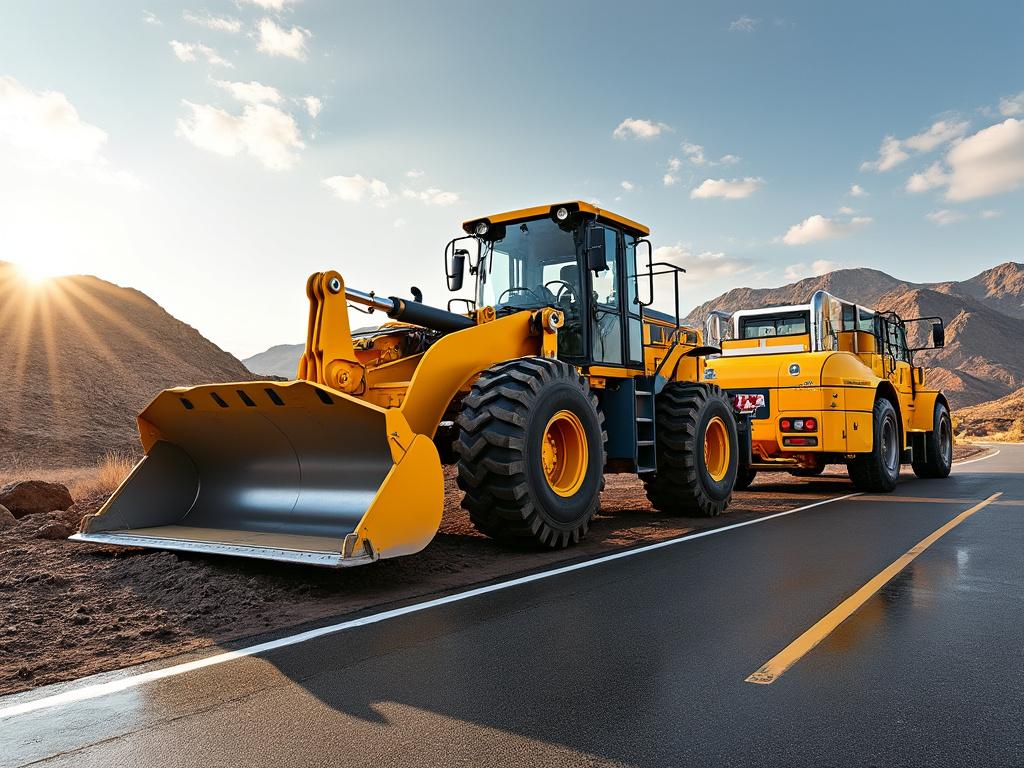 Excavadora amarilla y camión en una carretera asfaltada con montañas y sol al fondo.