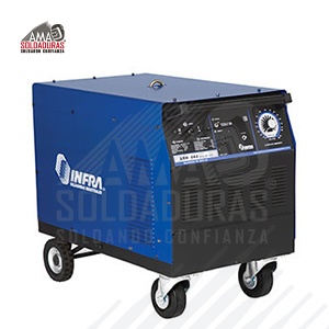 SRH 444 ARCO DE ORO

Categoría: Soldadoras para electrodo revestido (SMAW)
Trabajo: Industrial Pesado
Alimentación: 220/440 V
Rango de amperaje de soldadura:	60-550 A, CD
Ciclo de trabajo: 60%
Suelda con: Electrodo revestido (SMAW) CD en diámetros desde 1.6 hasta 6.4 mm (1/16" a 1/4") tipo suave para unir, duro para revestir o para corte (cut-weld) E6010, E6011, E6013, E7018, E7024 y electrodos especiales como son: aluminio, hierro colado y acero inoxidable. Corte y escopleo con electrodo de carbón y chorro de aire (CAC-A) hasta un diámetro de electrodo de 9.5 mm(3/8").