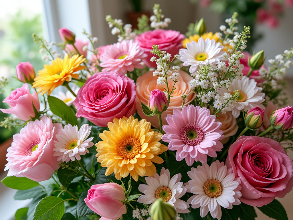 Ramo de flores frescas con rosas rosadas, gerberas amarillas, margaritas blancas y follaje verde.