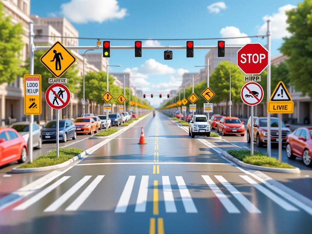City street with traffic lights, various road signs, and cars lined up, surrounded by buildings and trees on a sunny day. City street with traffic lights, various road signs, and cars lined up, surrounded by buildings and trees on a sunny day.